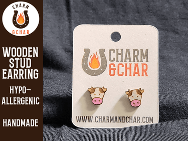Cow Face Wood Stud Earrings - Farm Animal Fashion Earring - Stud Earring - Charm and Char